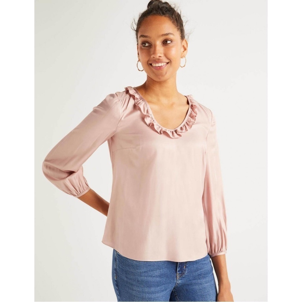 Boden Pink Viscose Silk Marina Long Sleeve Ruffle Scoop Neck Blouse NWT Size 16
